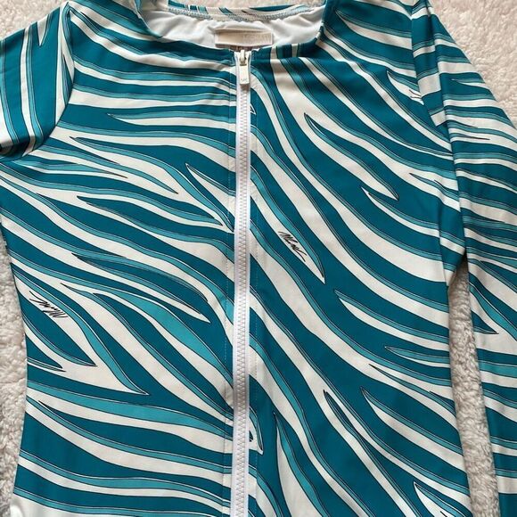 MICHAEL Michael Kors Swim Paddle Rashguard Zip Swim Bodysuit Teal Cove Size 6 - Picture 2 of 10